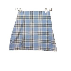 Brandy Melville OS/XS Blue White Plaid Mini Skirt Stretch front Vents Y2K Casual